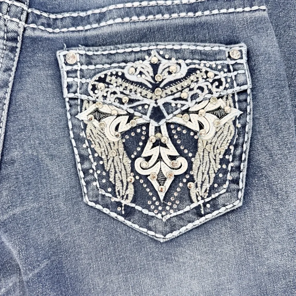 SKY‎ Premium Collection Supersoft Flare Jeans Womens 11/12 Blue Rhinestone Cross